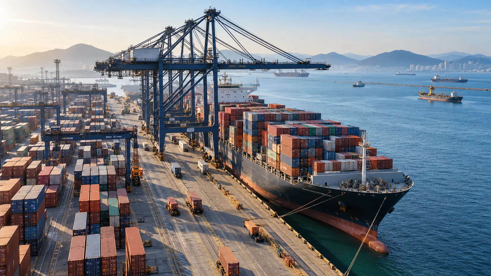 Navio porta-contêineres e guindastes em um terminal portuário, imagem ilustrativa de comércio exterior.