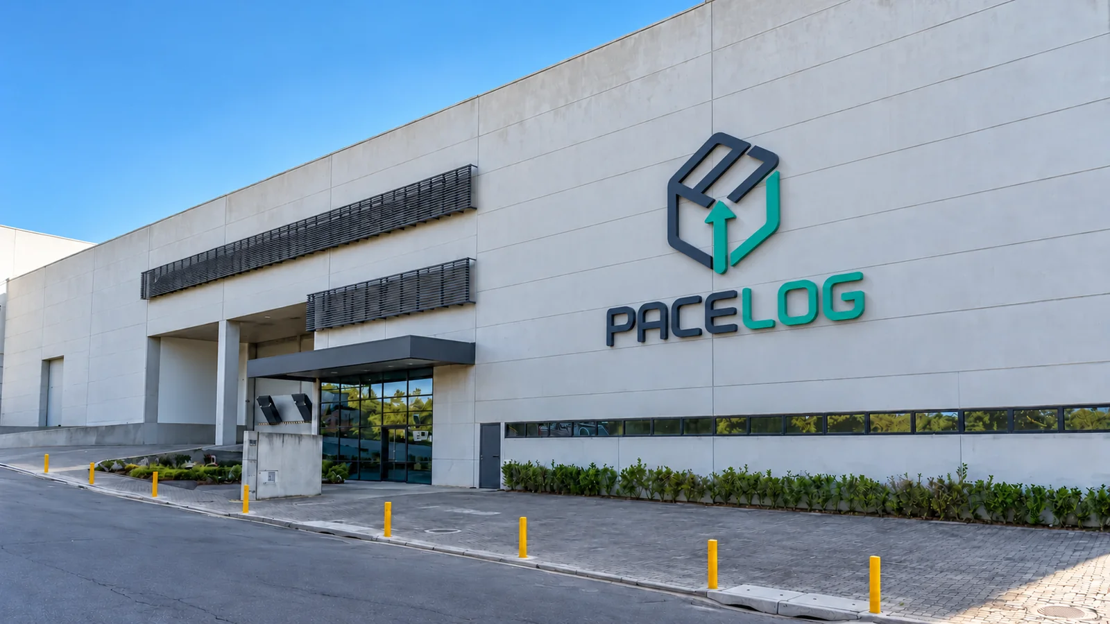 Fachada real da Pacelog em Jandira, com aplicação ilustrativa da marca na parede.
