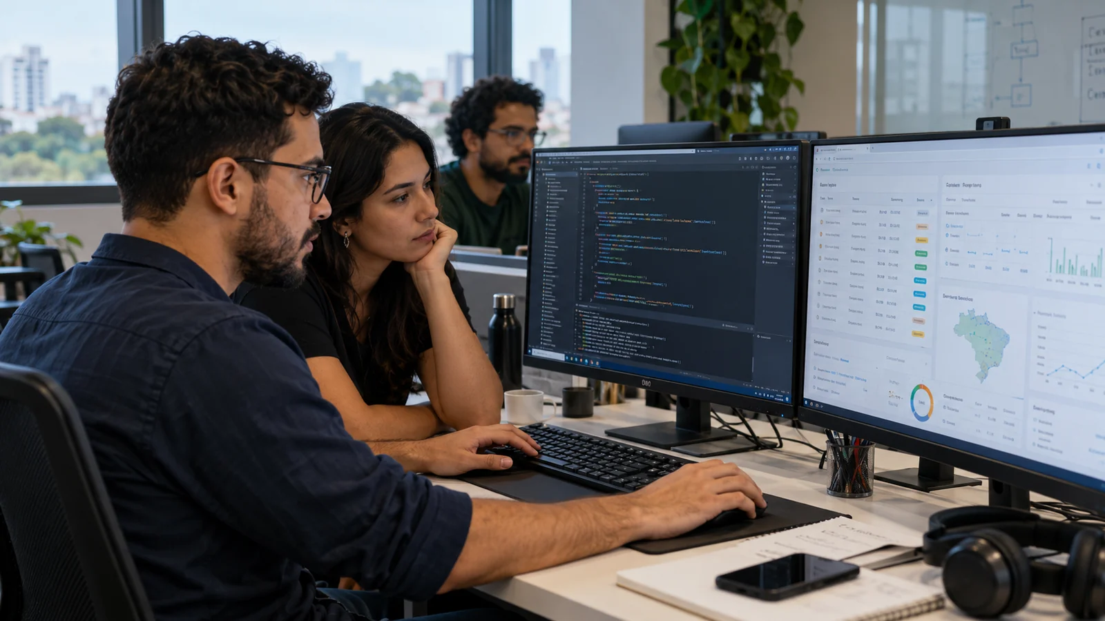 Equipe trabalhando no desenvolvimento de software, imagem ilustrativa.
